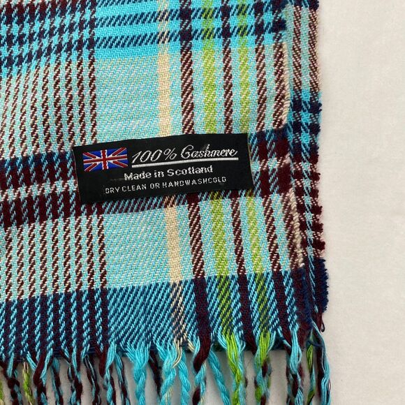 Cashmere Scarf Green Plaid Made in Scotland Fringe Long Lightweight Preppy - Picture 3 of 8